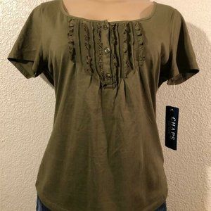 CHAPS U neck Women Sz L Blouse Short sleeve Solid Color Green